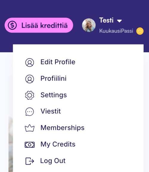 Liekin käyttäjävalikko ja Edit Profile -valinta