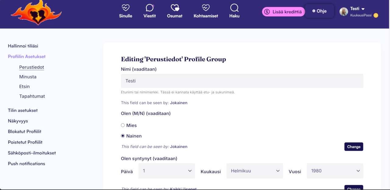 Liekin profiilin Perustiedot-, Minusta-, Tapahtumat- ja Etsin-osioiden muokkaus