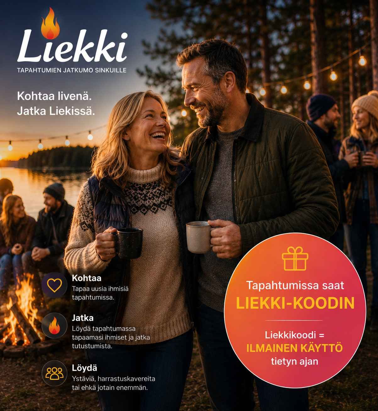 Tapahtumissa syntyy liekki. Liekin kautta jatkat mihin tapahtumissa jäit.
